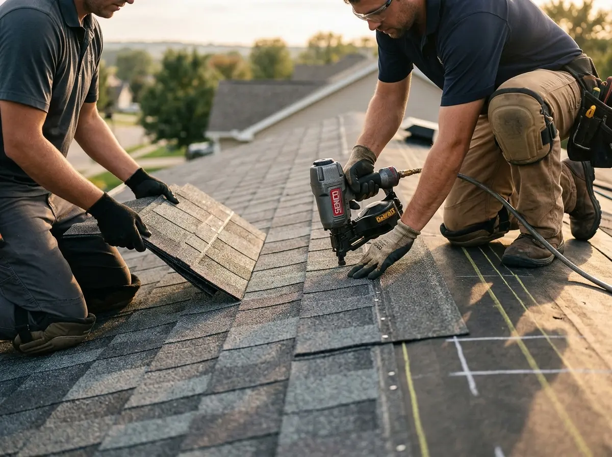 Professional roofer working on a residential roof in Groves
